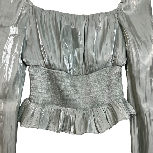 Idem Ditto Ruched Smocked Peplum Square‎ Neck Long Sleeve Metallic Top M (3171) - Picture 4 of 7